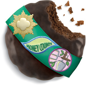 Thin Mint cookie wearing Girl Scout sash